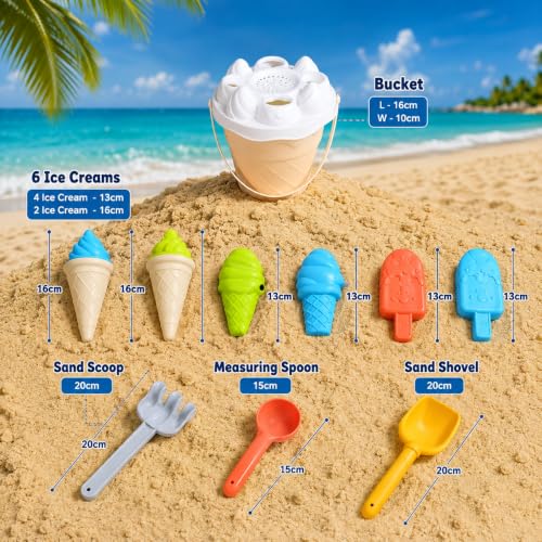 Image of WISHKEY Beach Toys for Kids 10 Pcs Ice Cream Beach Set, Sand Bucket & Molds with Shovel, Rake & Scoop, ABS Plastic Sand Toy Set for Boys & Girls, Beach, Sandbox & Outdoor Play, 18+ Months