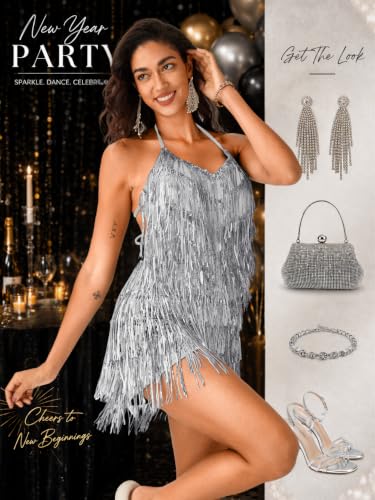 Image of Kaei&Shi Sequin Fringe Romper,Sparkly Glitter Metallic Jumpsuits For Women,Backless Shorts Dress Disco Birthday Dance Outfit