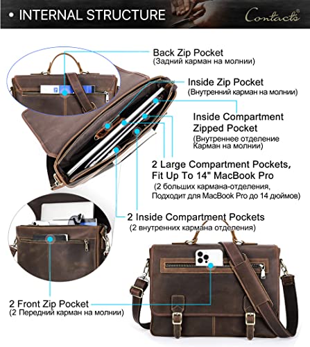 Retro leather cowhide mens crossbody bag, leather 14.2 inch handheld laptop bag business bag briefcase3