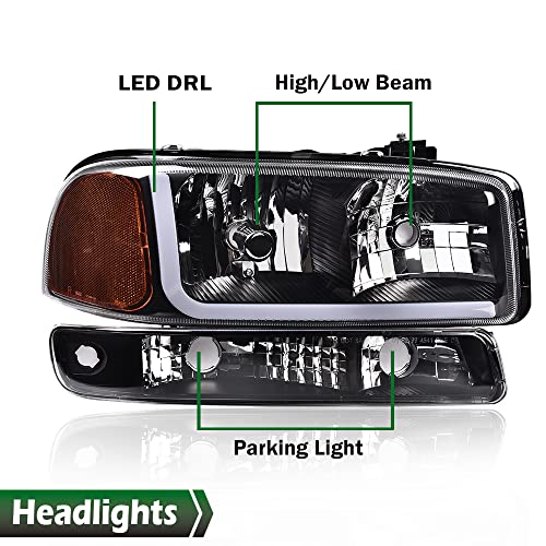 Image of GRAND ORANGE LED DRL Headlights W /Bumper Signal Lamps, Compatible with 1999-2007 GMC Sierra 1500 / Fit 1999-2006 GMC Yukon XL 1500 2500 Clear Lens Black Housing Amber Reflector faros delanteros
