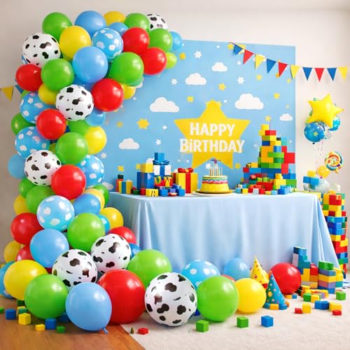Image of Toy Inspired Story Balloons - 52pcs 12 Inch Red Blue Yellow Green Light Blue Cloud Cow Print Latex Balloons for Kids Boys Girls Inspired Birthday Story Football Farm Themed Party Decorations