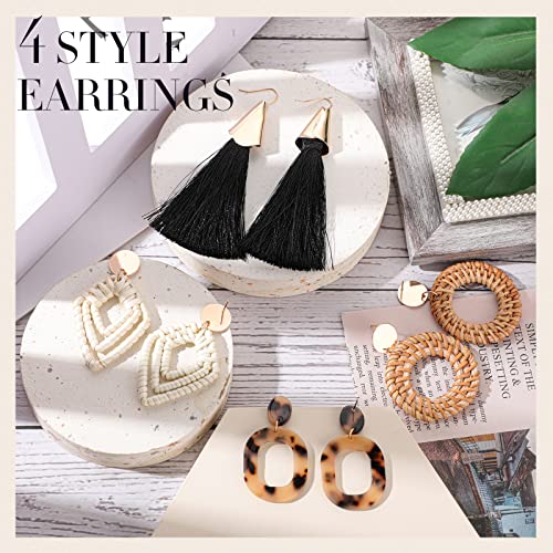 Charniol 8 Pack Straw Woven Waist Dress Belt Rattan Earrings Set for Women, Tassel Hoop Drop Dangle Bohemian Earrings and Stretch Dress Belt For Ladies And Girls2