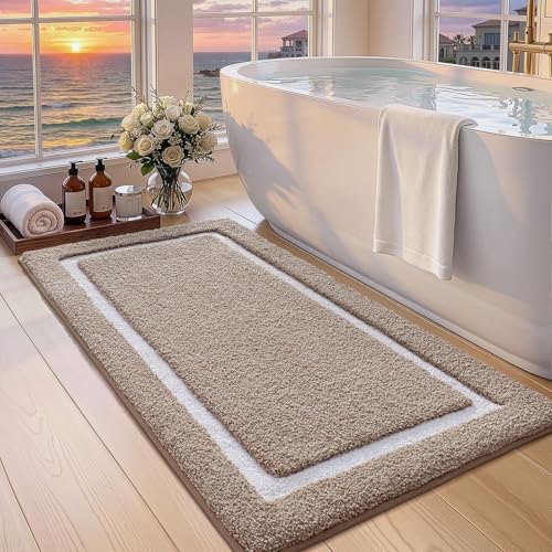 Image of Color&Geometry Extra Soft Bathroom Rugs 44x24, Absorbent Microfiber Bath Rug, Non-Slip Bathroom mat, Washable Plush Bath Mats for Bathroom, Shower, Bathtub, Laundry, Khaki White