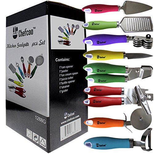 8 Pieces Kitchen Gadget Tools Set by Chefcoo - Stainless-Steel Utensils Chef Cooking Set - Peeler, Knife, Pie Server, Can Opener, Pizza Cutter, Grater, Knife Sharpener & Garlic Press