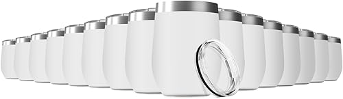 Vaso de vino de 12 onzas con tapa, acero inoxidable, doble pared aislada al vacío, tazas de viaje sin tallo (juego de 8, blanco)