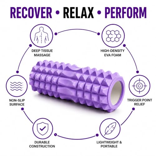 Image of Foam Roller for Exercise & Gym | Deep Tissue Muscle Massage Roller for Back, Neck, Calf & Thigh Pain Relief | Yoga, Stretching, Recovery & Fitness Workout Equipment | 33cm Purple