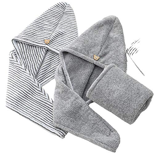 UKKD Chapeau Cheveux Secs 2 Set Charbon De Bambou Fibre Cheveux Séchage Tête Bain Douche Chapeau Serviette Turban Wrap Absorbent Rapide Lingettes Cheveux Secs Cap,2St