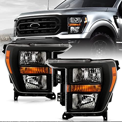 ACANII - For [Halogen Type] 2021 2022 2023 Ford F150 Pickup Truck Black Housing Headlights Headlamps Pair Set Left+Right