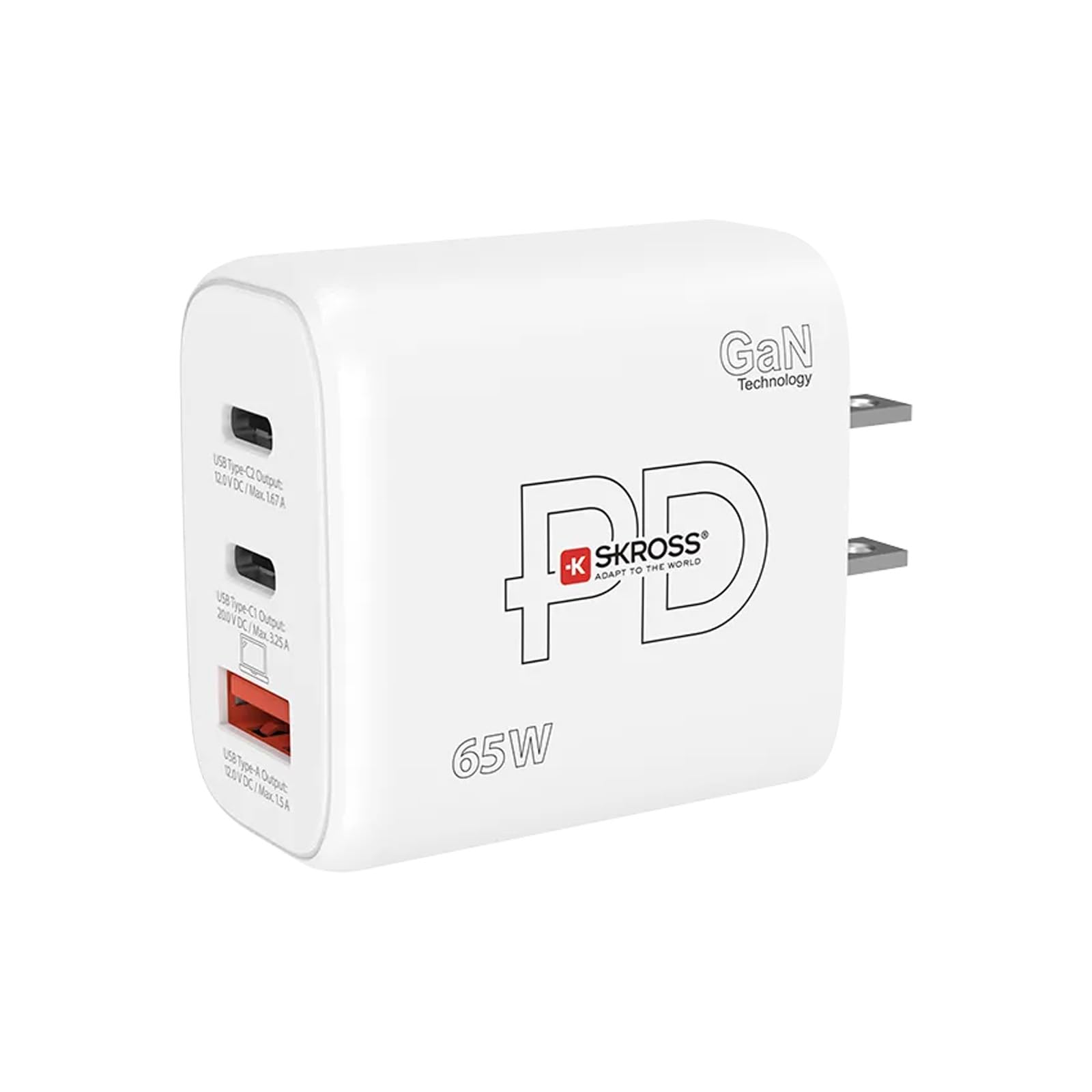 SKROSS - Power Charger 65W GaN US - Caricabatterie per PC, Tablet, Smarthone con Ricarica Rapida 65 W - Caricatore con 3 dispositivi USB (USB 18W + USB C 20W + USB C 65W) con Presa USA