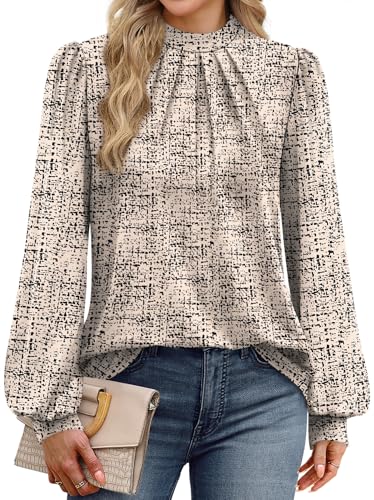 Image of WIHOLL Long Sleeve Shirts for Women Mock Neck Tops Pleated Front Blouses Dressy Casual Spring Fall Clothes 2026 Fashion