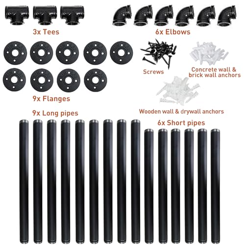 HITOMEN-Industrial-Iron-Pipe-Shelves-3-Set-3-Tier-28-Tall-12-Depth-DIY-Open-Bookshelf-Bookcase-Wall-Mounted-Vintage-Retro-Shelving-Rustic-Farmhouse-Pantry-Kitchen-Storage-Black-Shelf-Brackets