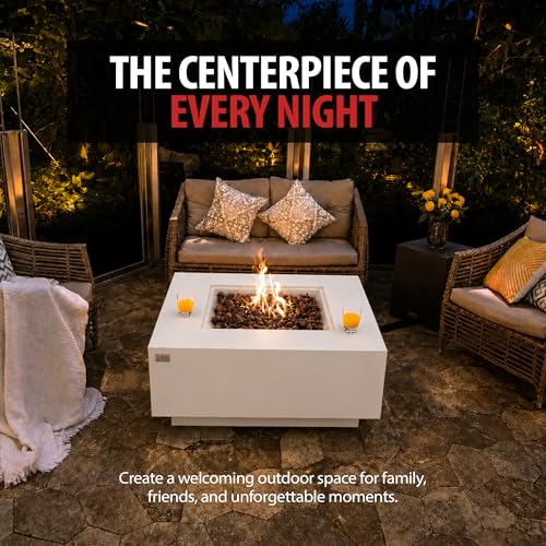 Image of AMS Creations | Brooklyn 40 inch Bundle Square Propane Gas Outdoor Fire Pit Table | Cream White Concrete GFRC Smooth Texture Surface Fire Pit Table