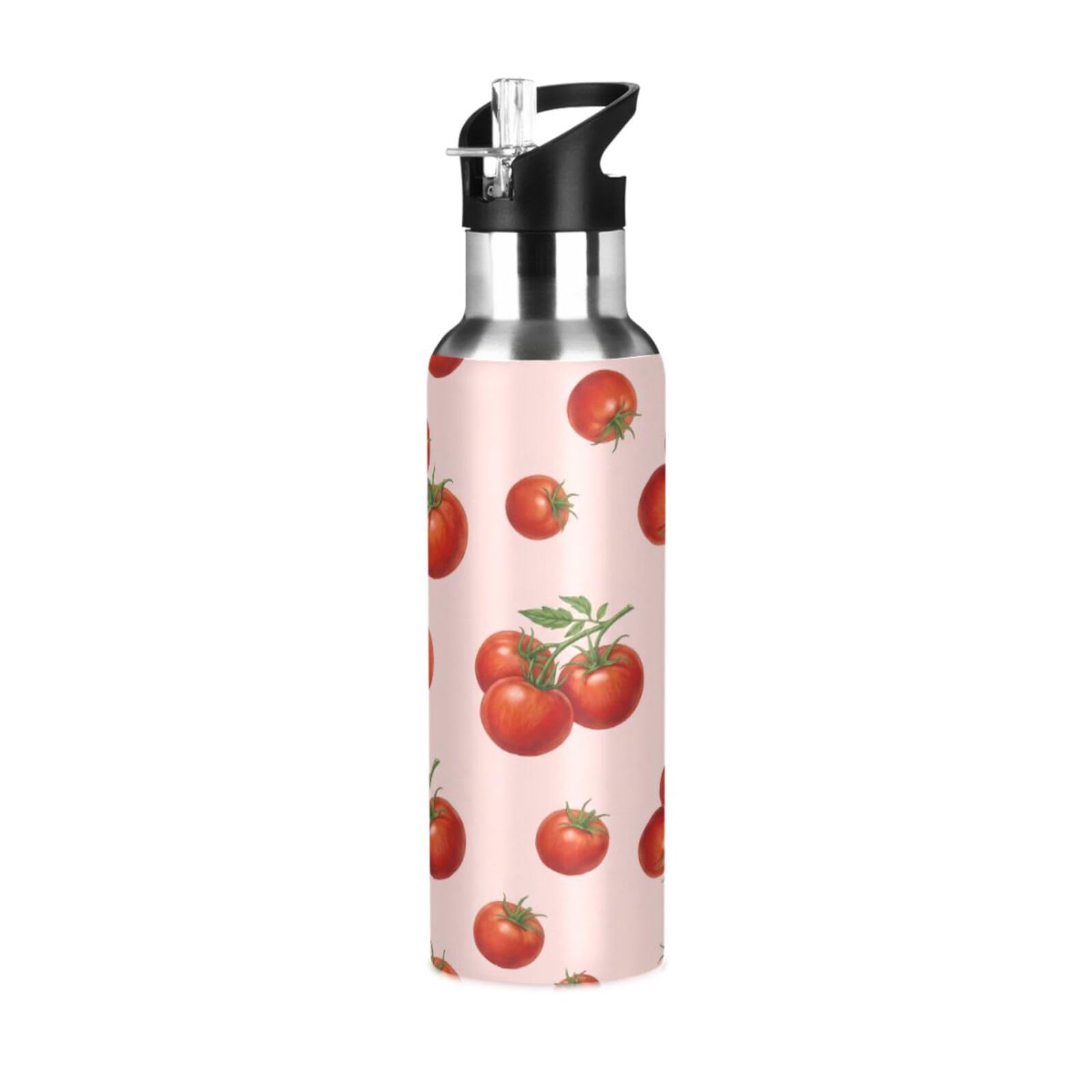 BOESI Fresh Tomato Vine Insulated Water Bottle 600ml, Stainless Steel Vacuum Sports Bottle with Straw, Leak Proof Thermal Bottle for Gym Travel Outdoor