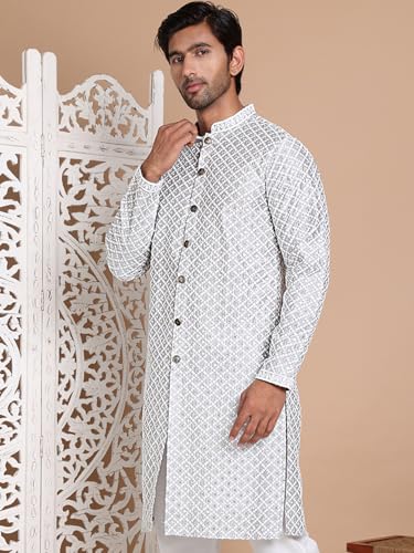 Image of Jompers Men's Silk Blend Regular Fit Sequin Chikankari Front Open Kurtas