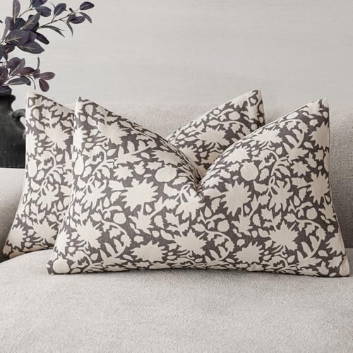 Image of Foindtower Set of 2 Decorative Neutral Floral Throw Pillow Covers Accent Farmhouse Cushion Covers Boho Lumbar Pillowcase for Couch Sofa Bedroom Living Room Home Decor,12x20 Inch,Rustic Gray