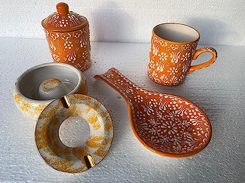Orange Flowers Spoon Rest, Orange Windproof Lidded Ashtray, Painted Coffee Mug, Orange Spice Jar, Tea Bag Holder, Birthday Gift Box for Her (Finish: All set (4 pcs))