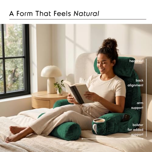 Image of Nestl Reading Pillow with Shredded Memory Foam Includes 2 Neck and Lumber Support Pillows, Designed for Sitting Up in Bed and Couch, Back and Arms Adjustable Support for Adult & Teens, Dark Green