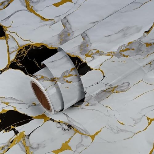 Image of VOOY Self-Adhesive Kitchen Wallpaper, PVC 3D Wall Sticker Oil Proof & Waterproof, Kitchen Backsplash Stickers Wallpaper Navy Blue and Golden Marble Pattern (60cm x 200cm) (Pack of 2) (TS-79)