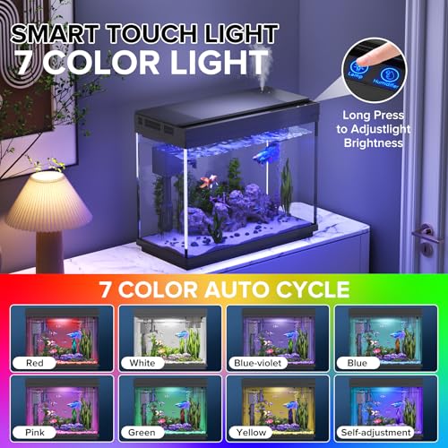 Image of Vehipa Fish Tank, 2 Gallon Fish Aquarium, Fish Tank Starter kit with 3 in 1 Quiet Pump Smart Humidifier, Temperature Display, 7-Color Lighting (Black)