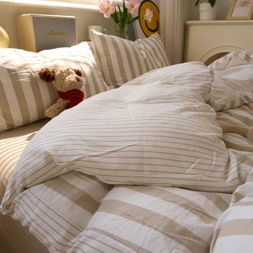 Image of EAVD Khaki Striped Duvet Cover King Soft Washed Microfiber Farmhouse Vertical Striped Bedding Set with 2 Pillowcases Modern Style Geometric Pattern Duvet Cover with Zipper Closure