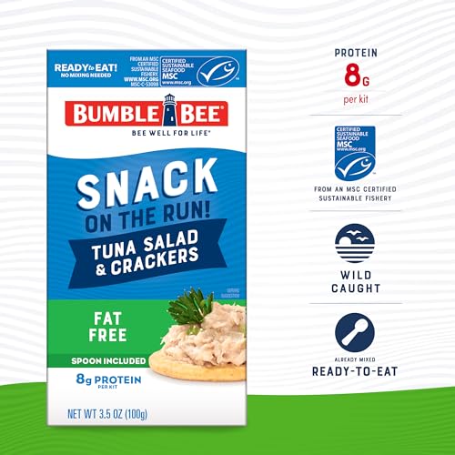 Image of Bumble Bee Snack On The Run! Fat Free Tuna Salad Kit | Ready to Eat Easy-Open Canned Tuna Salad with Crackers Snack Pack, 8g Protein per Box, Wild Caught MSC Certified Tuna