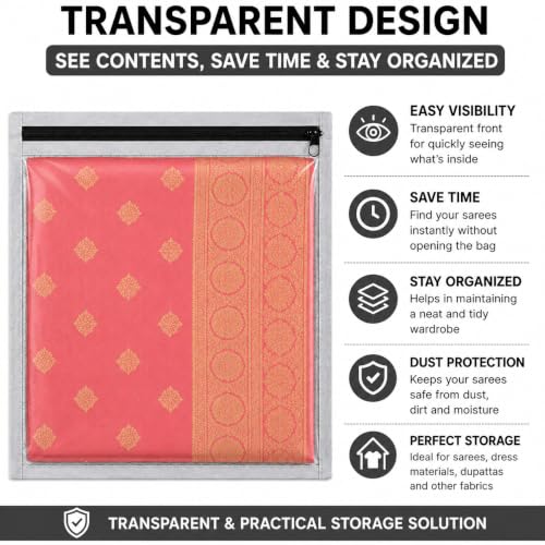 Image of PulGos Non-Woven Printed Single Saree Cover, Saree Bag Pack of 12 Pcs, Transparent Saree Covers With Zip, Saree Covers For Storage, Wardrobe Organiser (Wavegrey)