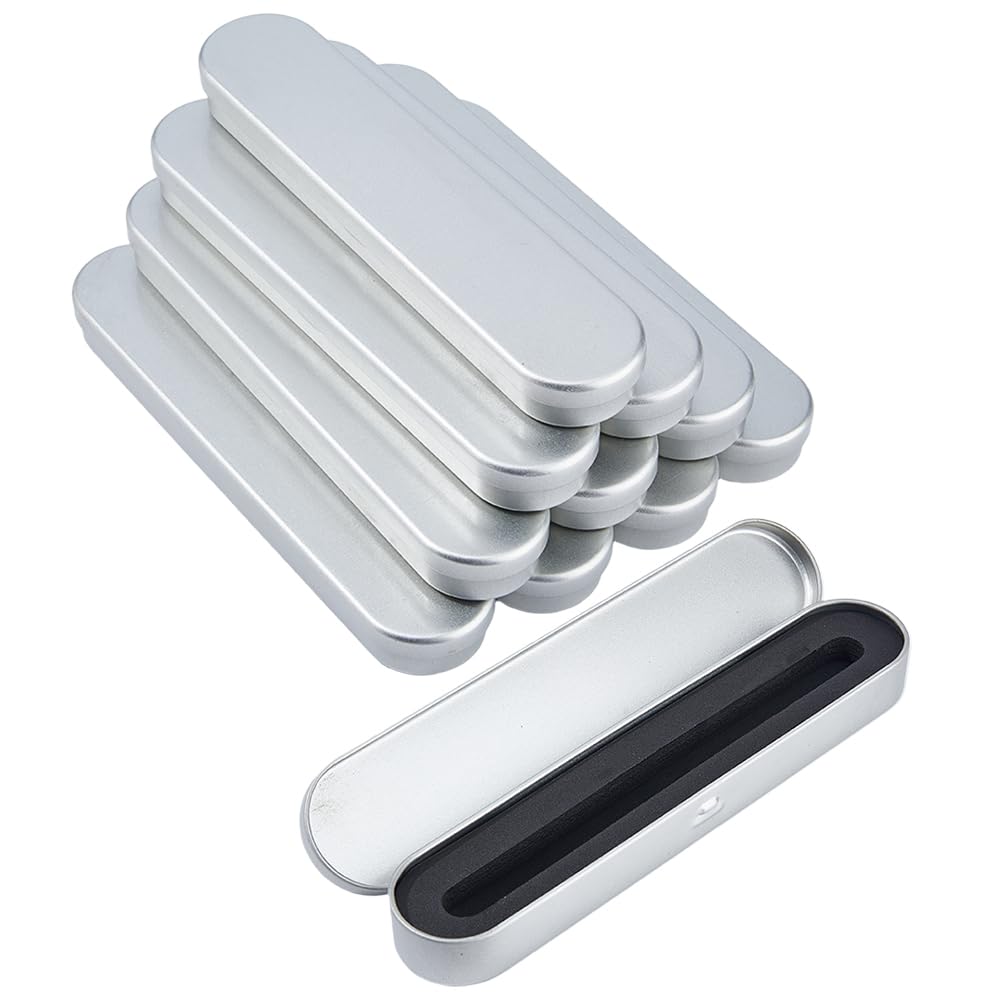 SUPERFINDINGS 12Pcs Platinum Ballpoint Pen Storage Box 18x3.7 cm Iron Pencil Case with Sponge Ballpoint Collection Case Empty Hinged Tin Box for Fountain Pen Jewelry Organize