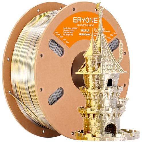 Image of ERYONE Silk Dual Color PLA Filament 3D Printer 1.75mm + /- 0.03mm, Bicolor Filament Two Tone PLA 1KG(2.2lbs) Cardboard Spool, Gold Silver