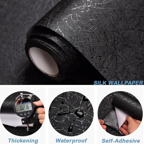 Image of Peel and Stick Wallpaper for Walls (45x300 cm) Pack of 1 | Waterproof Self Adhesive PVC Wallpaper for Bedroom, Living Room, Home, Office & Cupboard (Black Textured)