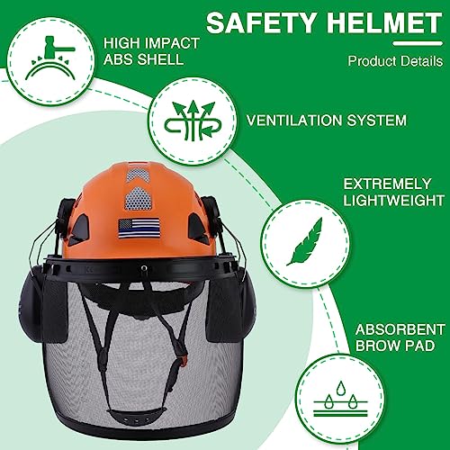LOHASTAR Forestry Helmet with Face Shield and Ear Muffs Safety Helmet Chainsaw Garden Tree Cutting Logging Work Arborist Hard Hat(A2 Orange+Mesh face Shield+Earmuff)