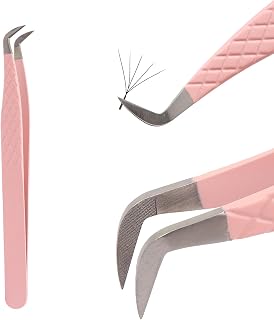 Lash Tweezers For Eyelash Extensions Fiber Tip Lash Tweezers Pink Straight/Curved Tweezer(Pink,X07)
