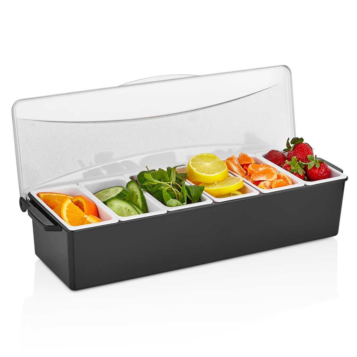 HAINE Polycarbonate Bar Garnish Tray with 6 Compartments, Black, Rectangular