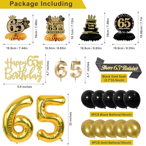 Image of 65th Birthday Decorations for Men, Black Gold 65th Party Decoration Kits | 27pcs Happy 65th Birthday Set, Banner, Honeycomb, Balloons, Gold Number, Candle, Hanging Swirls, Cake Topper, Party Supplies