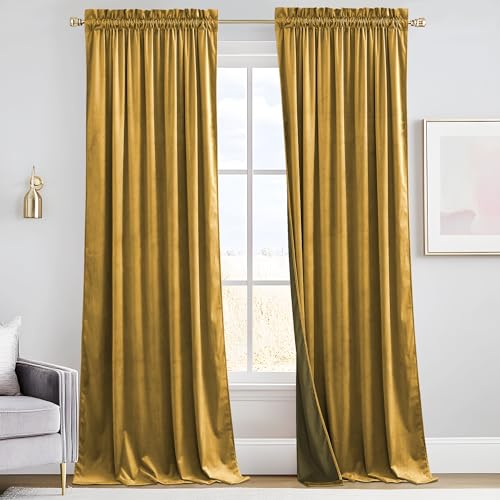 Image of RYB HOME Rich Gold Brown Velvet Curtains 84 inches, Thermal Insulated, Light Blocking, Elegant Rod Pocket Velvet Drapes for Living Room, 52 inch W x L102 L, 2 Panels Set