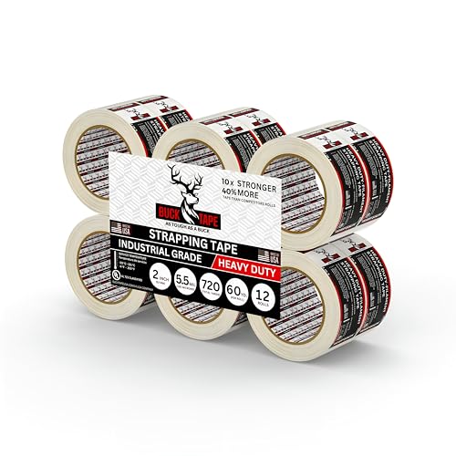 12 Pack Buck Strapping Tape 2 Inch x 60 Yds (180ft), 5.5 Mil – Heavy Duty Fiberglass Tape, Filament Tape, Reinforced Packing Tape with Synthetic PET Adhesive for Bundling, Shipping &amp; Palletizing