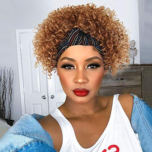 LEOSA Kinky Headband Wig for Black Women, Head Wrap Wigs 2 in 1 Short Afro Wigs Updo Brown Synthetic Afro Wig Wraps with Turban Scarf Wigs Heat Resistant with Colorful Turban Curly Hair Wigs