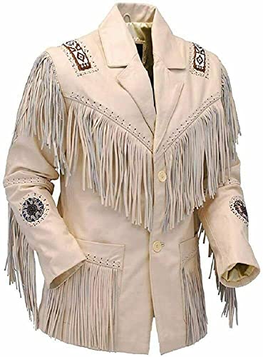 Rapid Mart Western Cowboy Leather Fashion Jacket For Mens Fringe & Beaded Native Coat (as1, alpha, x_l, regular, regular, Beige/Cream)