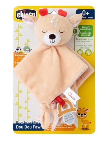 Chicco Jeu Cerbiatto Doudou, Bonhomme en velours doux en forme de fache, peluche pour bébé, pelucheux, détails brodés, peluche berceuse, cadeau naissance, jeu bébé 0+ mois
