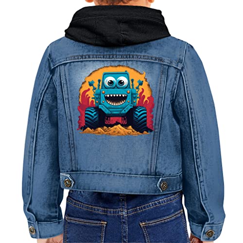 Truck Print Toddler Hooded Denim Jacket - Colorful Jean Jacket - Printed Denim Jacket for Kids