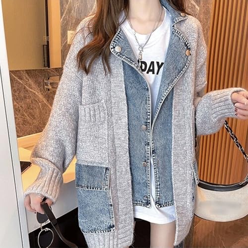 Image of FindThy Women's Trendy Button Up Cardigan Long Sleeve Color Block Jean Cardigan Coats(1373-Grey-OneSize-LB)