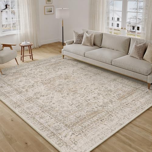6x9 Washable Beige Vintage Area Rug for Living Room Bedroom Large Traditional Low Pile Soft Carpet Non-Slip Thin Retro Distressed Accent Throw Rug for Dining Room Office Kitchen Indoor