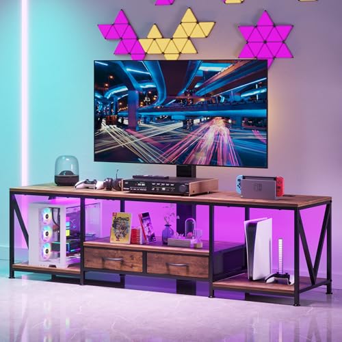Image of 63 inch W TV Stand with Mount for 55,65,75 inch TV,Entertainment Center with Power Outlet&Led Lights,Height Adjustable TV Console Table with Open Storage Shelves&Fabric Drawers (Rustic Brown, 63 inchW)