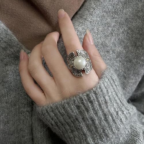 OIDIMS Vintage Pearl Wide Statement Ring for Women Oxidized Silver Plated Boho Open Wedding Band Wrap Expandable Finger Rings Comfort Fit Fashion Bohemian Ethnic Fashion Jewelry Size 74