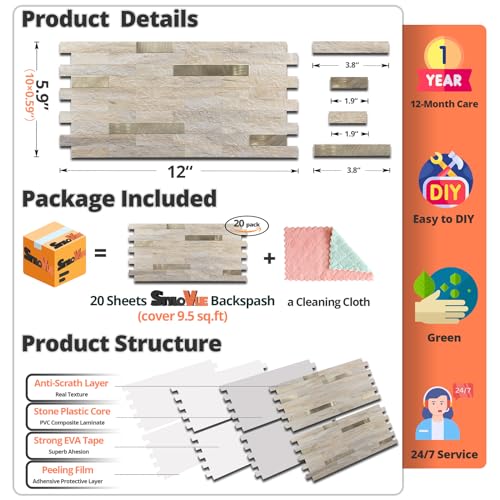 StyloVue 20 Sheets Kitchen Peel and Stick Backsplash Tiles, Beige with Metal Gold Look Stick on Backsplash for Kitchen, RV, Fireplace by StyloVue - Used condition - Image 4