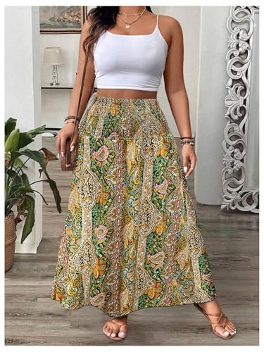 WDIRARA Women's Plus Size Paisley Print Boho Maxi Skirts High Waist Smocked Ruffle Hem A Line Skirt3