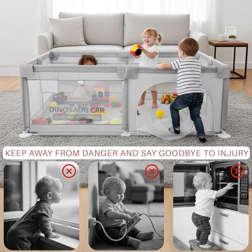 Image of Baybee JoyHub Kids Playpen for Babies | Baby Play Area Indoor Setup with Zipper Door & Toys Pouch | Kids Activity Playards with Corner Protection | Outdoor play pen for baby for 0 - 5 years Boys Girls (200 x 180 CM - Light Grey)