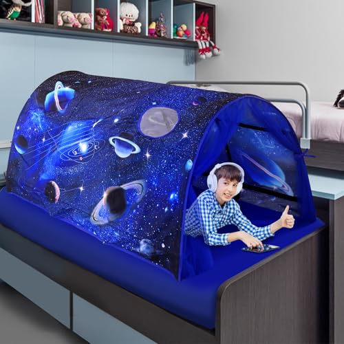 Kinderbettzelt für Einzelbetten – Cartoon-Motive Wonder Play Zelte für Jungen und Mädchen Belüftete Indoor-Zelte für Kinder Fördern die Selbstständigkeit (Galaxie)