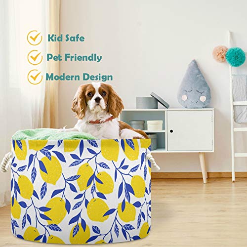 Image of visesunny Storage Basket Yellow Lemon With Blue Leaf Nursery Hamper Canvas Fabric Toy Storage Organizer Bin Storage Box Laundry Basket for Kid Rooms,Playroom,Shelves,Toy Basket,Gift Basket