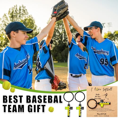 Image of Quelay 24 Sets Football Baseball Softball Christian Cross Keychain with Cards Metal Faith Gift for Teen Athletes