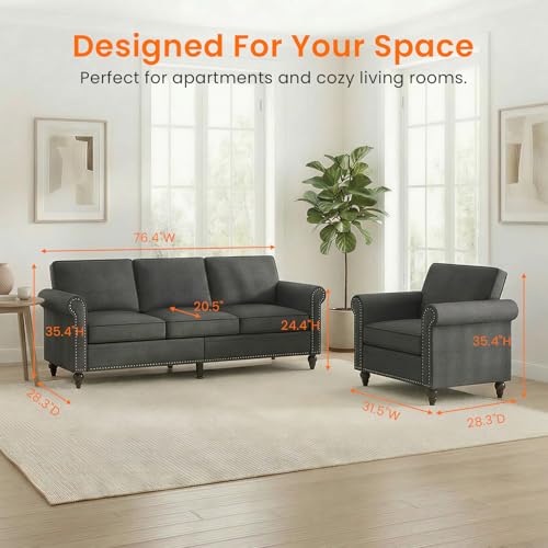 Image of ijuicy 2Pcs Sectional Sofa Set with 5 inch Thicken Cushion-Dark Gray | Modern linen upholstered living room furniture set with nailhead trim includes a 3 seat sofa and an armchair